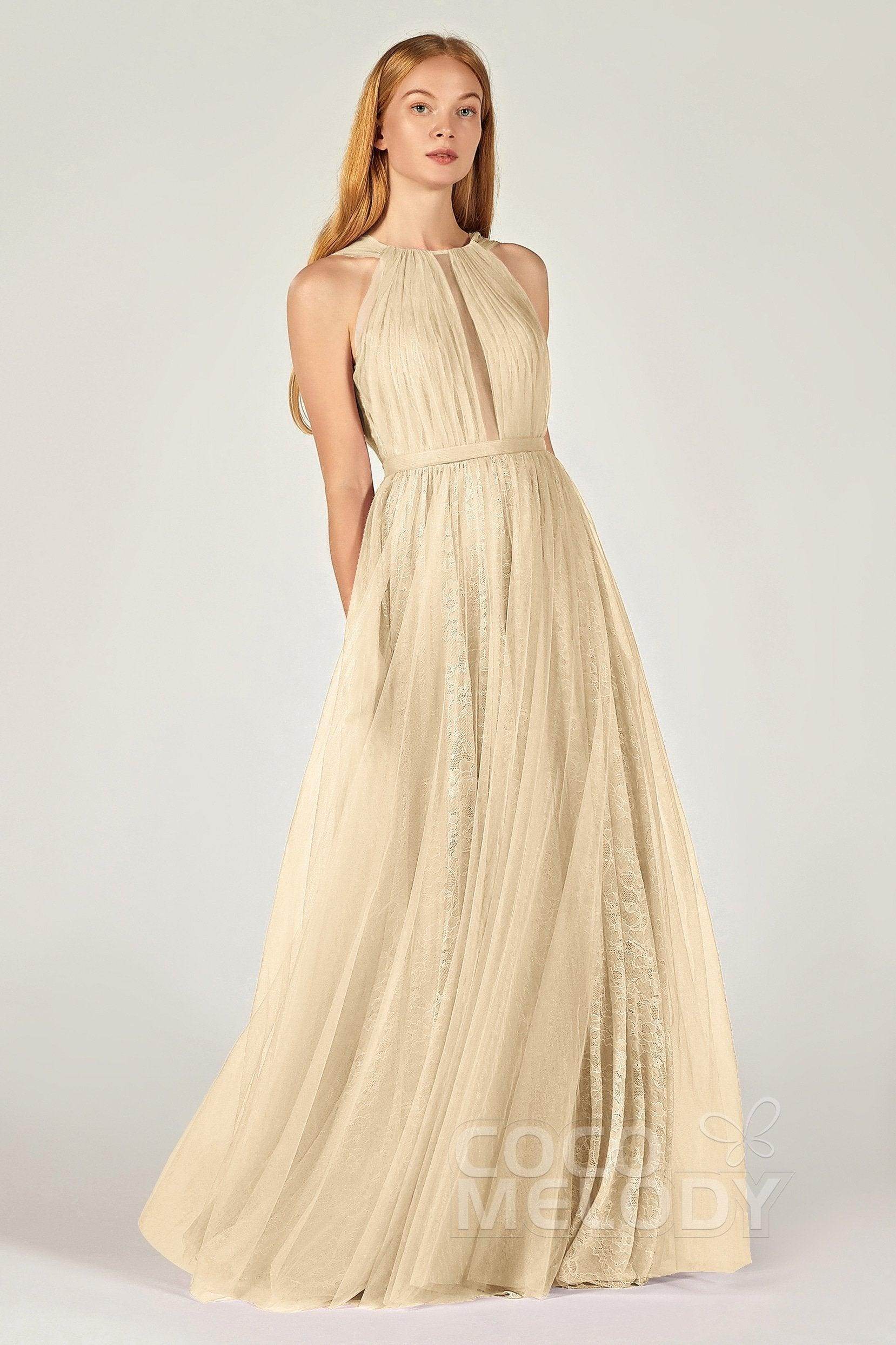 A-Line Floor Length Tulle/Lace Bridesmaid Dress CB0376 - COCOMELODY